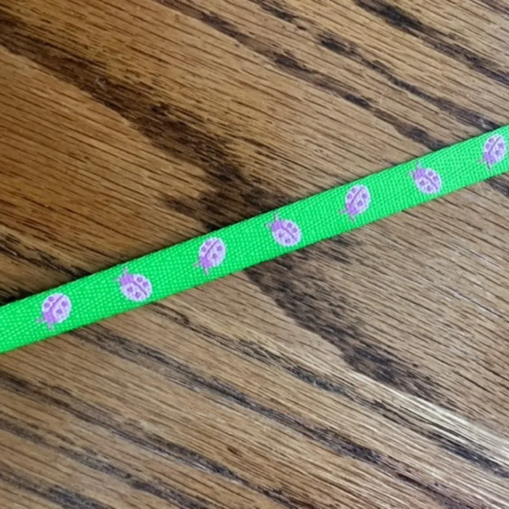 Green Polyester Ribbon with Pink Lady Bugs  ****ALL RIBBONS BUY 2 GET 1 FREE DEA